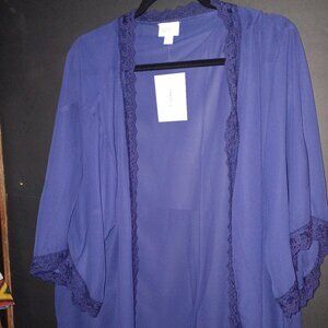 LuLaRoe Chloe Kimono Cover Up Top Womens Large Blue Sheer Lace Trim Open Front N